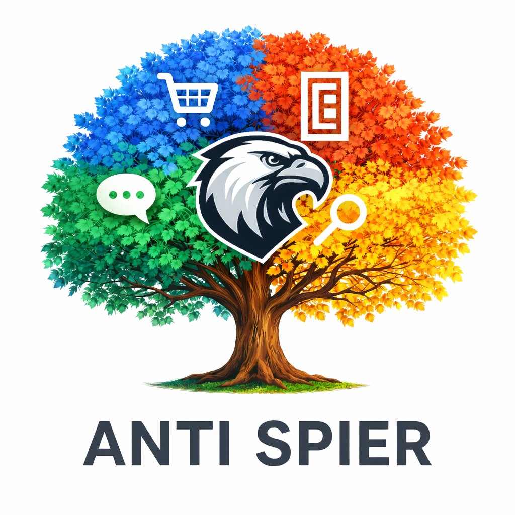 Tree with four seasons and icons, featuring an eagle logo, on a white background with 'ANTI SPIER' text.