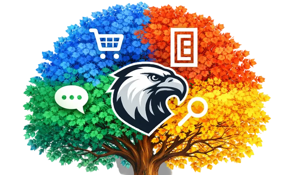 Tree with four seasons' colors and various icons on a gray background