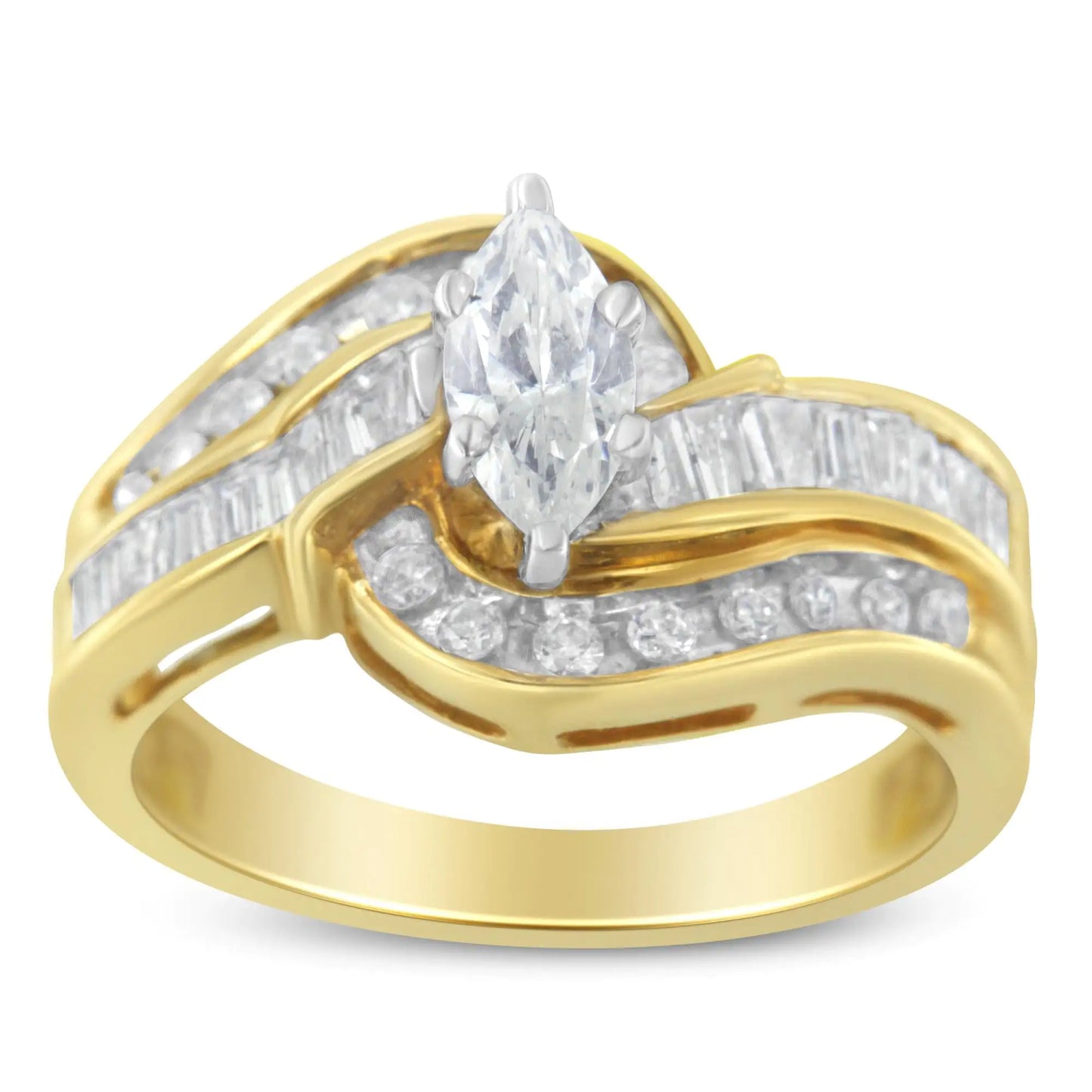 14KT Two-Toned Gold Marquise, Baguette and Round Cut Diamond Bypass Ring (1 cttw, H-I Color, SI1-SI2 Clarity) () - Anti Spier 