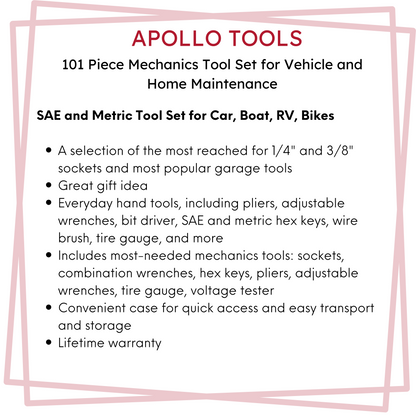 101 Piece Mechanic Tool Set for Vehicle and Home Maintenance, Roadside Emergencies. SAE and Metric Tool Set for Car, Boat, RV, Bikes - DT0006