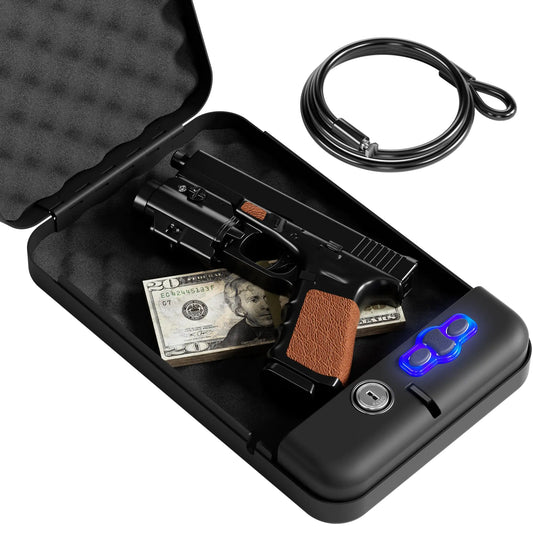 Grimtron Portable Pistol Safe – Electronic Lock Box & Key Access Silent Mode Compact Car Gun Safe for Handgun Small Single Safe for Travel Office Dorm Use