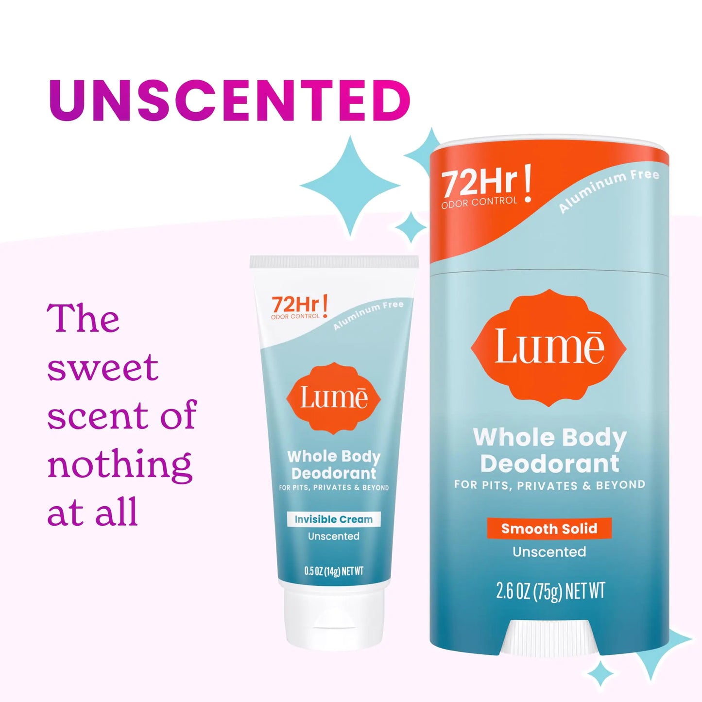 Lume Whole Body Deodorant - Invisible Cream Tube Mini and Solid Stick - 72 Hour Odor Control - Aluminum Free, Baking Soda Free, Skin Safe - 0.5 Oz Mini Tube + 2.6 Oz Solid Stick (Unscented) Unscented