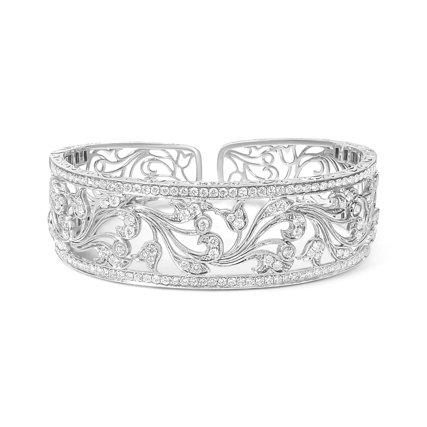 18K White Gold 3 1/4 Cttw Pave Diamond Openwork Floral Filigree Swirl Bangle Cuff Bracelet (H-I Color, VS2-SI1 Clarity) - Anti Spier 