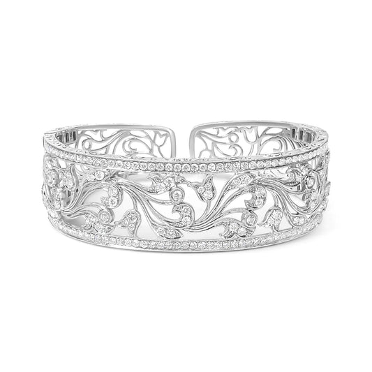 18K White Gold 3 1/4 Cttw Pave Diamond Openwork Floral Filigree Swirl Bangle Cuff Bracelet (H-I Color, VS2-SI1 Clarity) - Anti Spier 