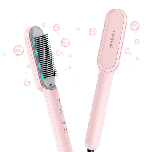 Wavytalk Hair Straightener Brush, Ionic Hair Straightening Comb for Women, Anti-Scald Ceramic Straightening Brush Fast Heating for Home Salon, Dual Voltage Pink.