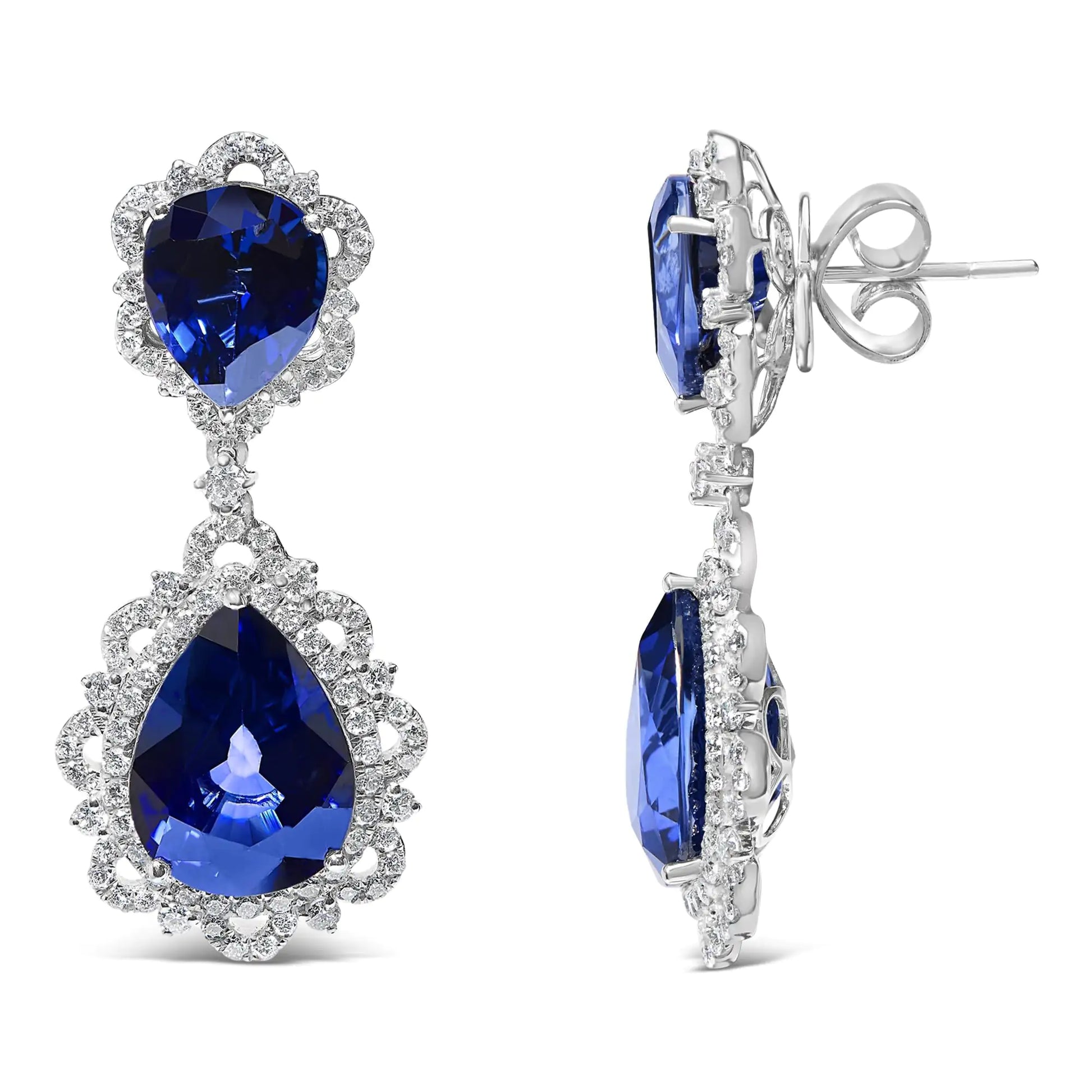 18K White Gold Blue Sapphire and Diamond 2.00 Cttw Diamond Halo Drop and Dangle Earring (G-H Color, SI1-SI2 Clarity) - Anti Spier 