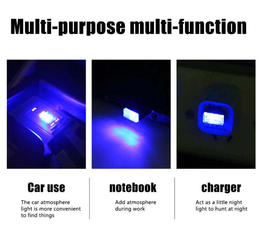 3x Mini Blue LED USB Car Interior Light Neon Atmosphere Ambient Lamp Accessories