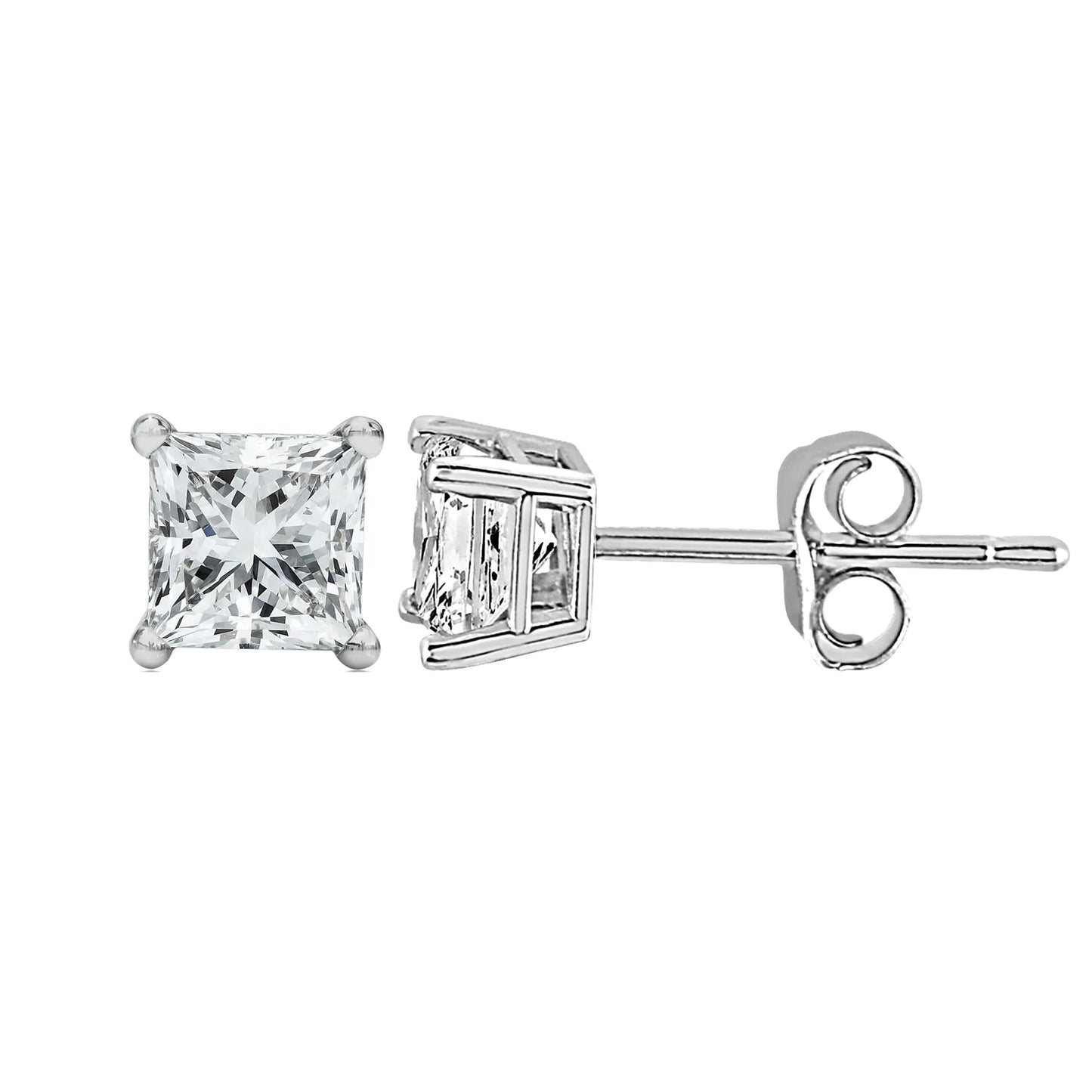 14K White Gold Princess Cut Lab-Grown Diamond Solitaire Stud Earrings (F-G Color, VS2-SI1 Clarity) - Anti Spier 