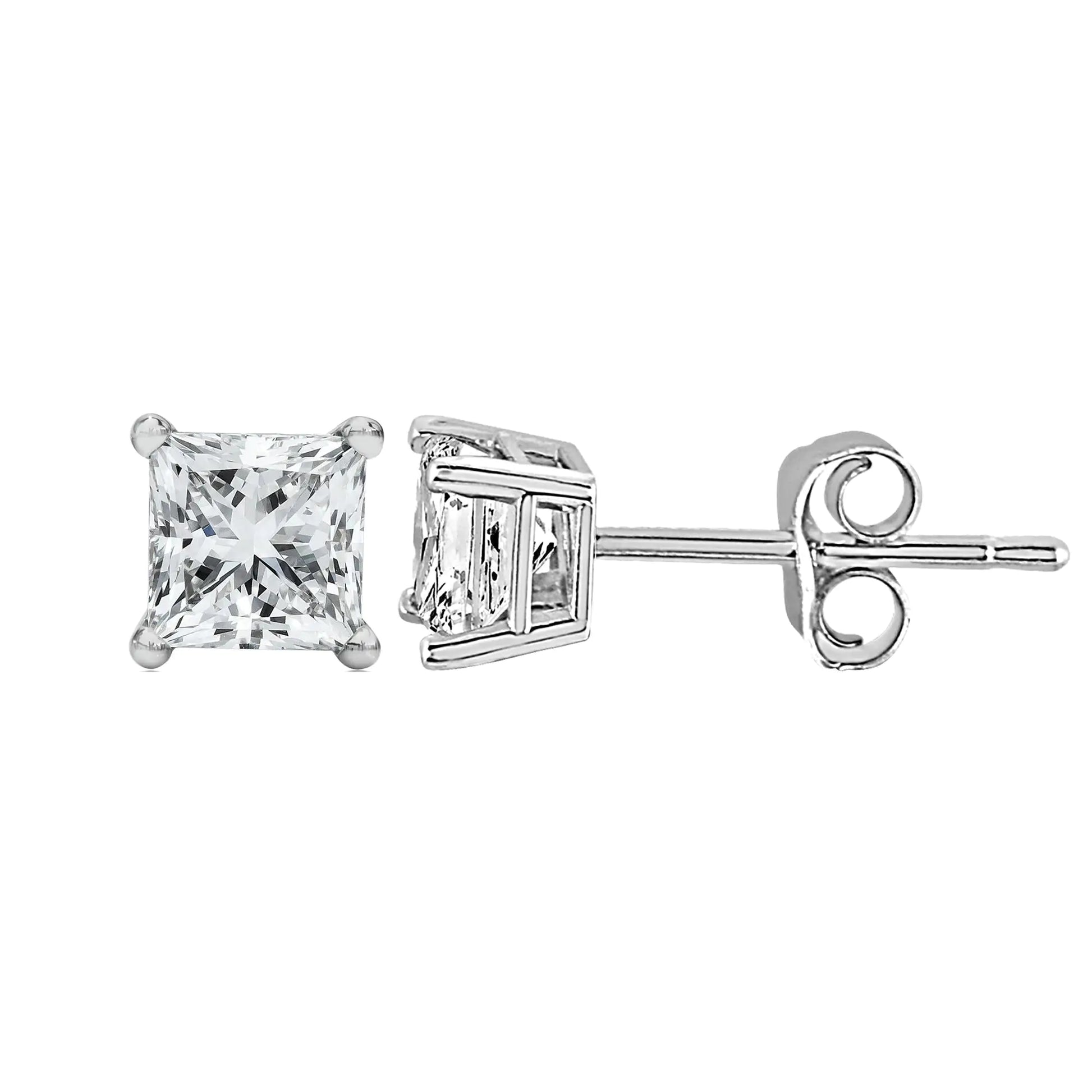 14K White Gold Princess Cut Lab-Grown Diamond Solitaire Stud Earrings (F-G Color, VS2-SI1 Clarity) - Anti Spier 