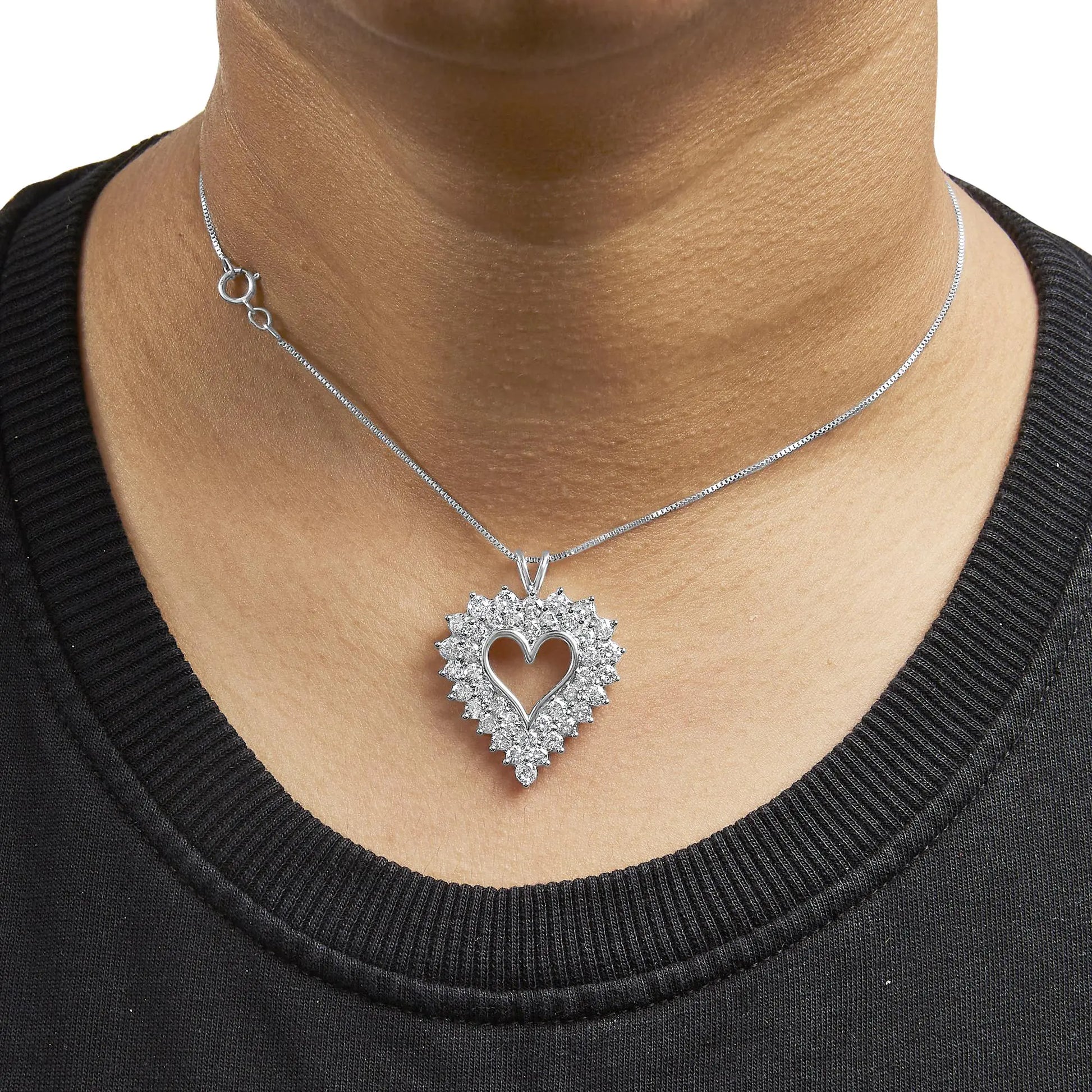 925 Sterling Silver 4.0 Cttw Diamond Two Row Open Heart 18" Pendant Necklace (I-J Color, I2-I3 Clarity) - Anti Spier 