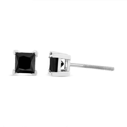 14K White Gold Princess-Cut Treated Black Diamond Classic 4-Prong Stud Earrings - Anti Spier 