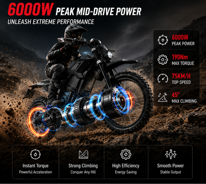 OEM 190Nm High-Torque Central Motor Mid-Drive Electric Dirt Bike 72V 25AH Lithium 6000W Brushless Adult Extreme Off-Road