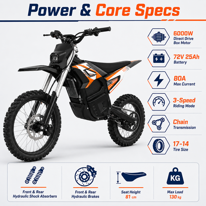 OEM High Speed Racing 6000W 72v 25AH Electric Dirt Bike Adult Off-Road Motorcycle