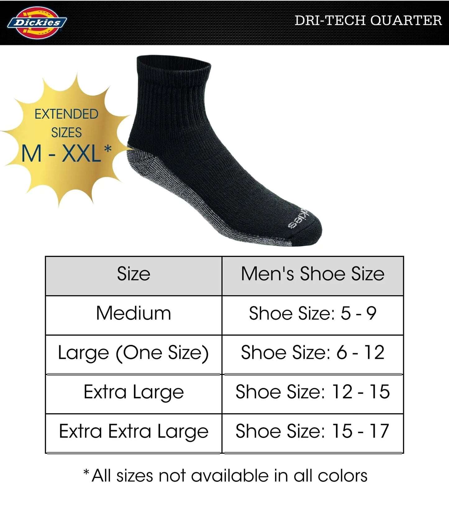 Dickies Men's Dri-tech Moisture Control Quarter Socks, Available in M-XXL (6, 12, 18 Pairs) Medium Black (12 Pairs)