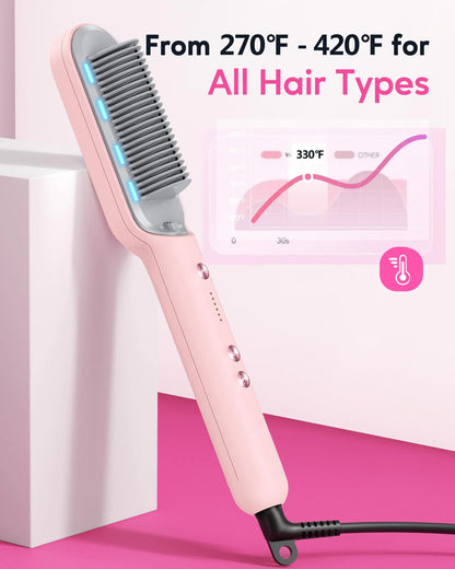 Wavytalk Hair Straightener Brush, Ionic Hair Straightening Comb for Women, Anti-Scald Ceramic Straightening Brush Fast Heating for Home Salon, Dual Voltage Pink.