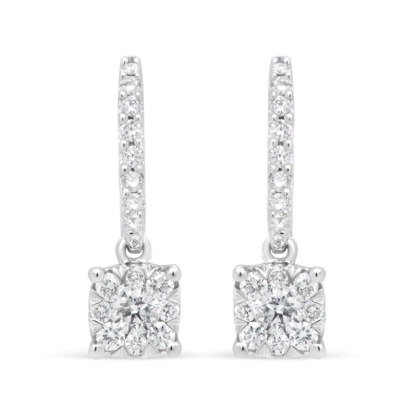 14K White 1/2 Cttw Round Diamond Halo Dangle Hook Earring - (H-I Color, SI2-I1 Clarity) - Anti Spier 