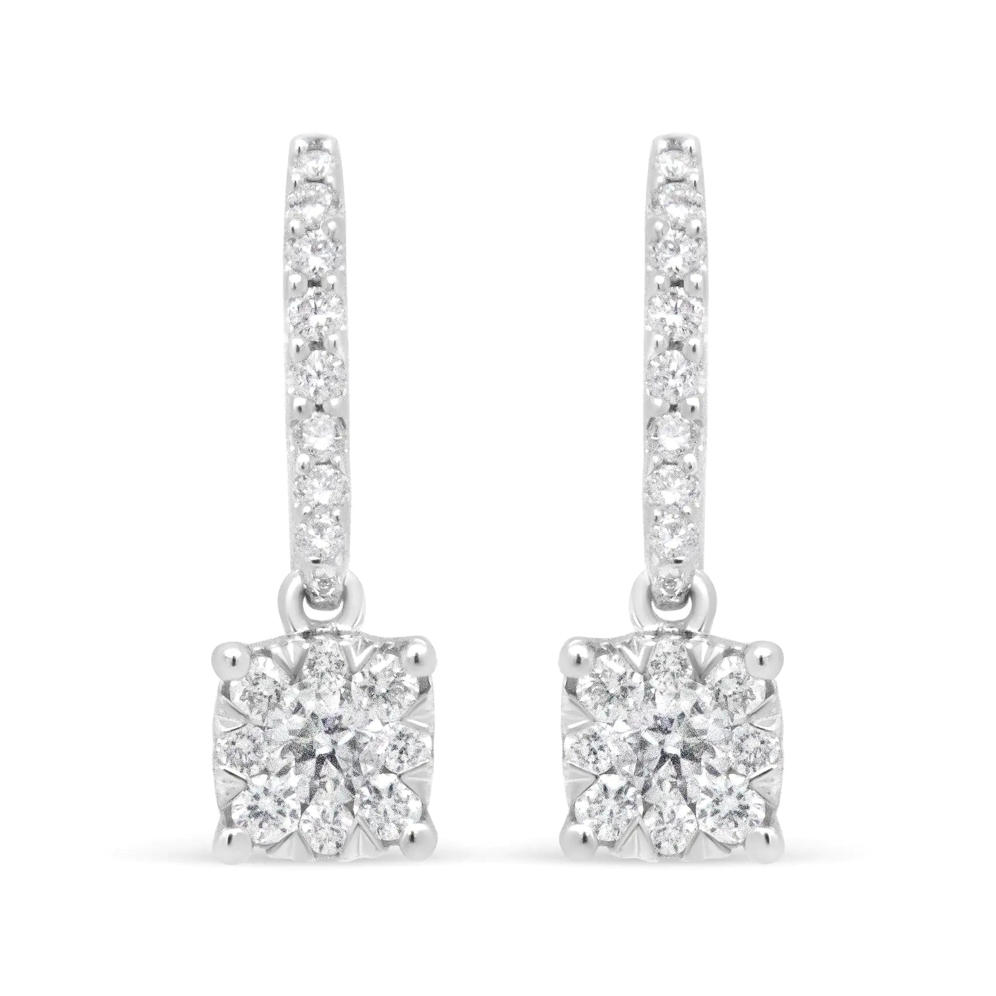 14K White 1/2 Cttw Round Diamond Halo Dangle Hook Earring - (H-I Color, SI2-I1 Clarity) - Anti Spier 