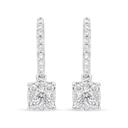 14K White 1/2 Cttw Round Diamond Halo Dangle Hook Earring - (H-I Color, SI2-I1 Clarity) - Anti Spier 