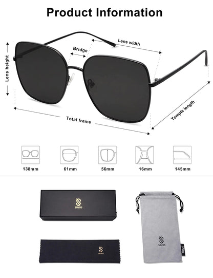 SOJOS Trendy Oversized Square Metal Frame Sunglasses for Women Men Flat Mirrored Lens UV Protection Sunglasses SJ1146 Black/Grey