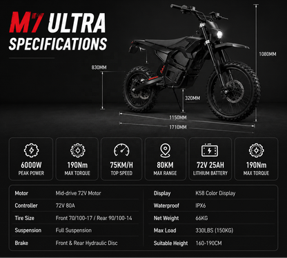 OEM 190Nm High-Torque Central Motor Mid-Drive Electric Dirt Bike 72V 25AH Lithium 6000W Brushless Adult Extreme Off-Road