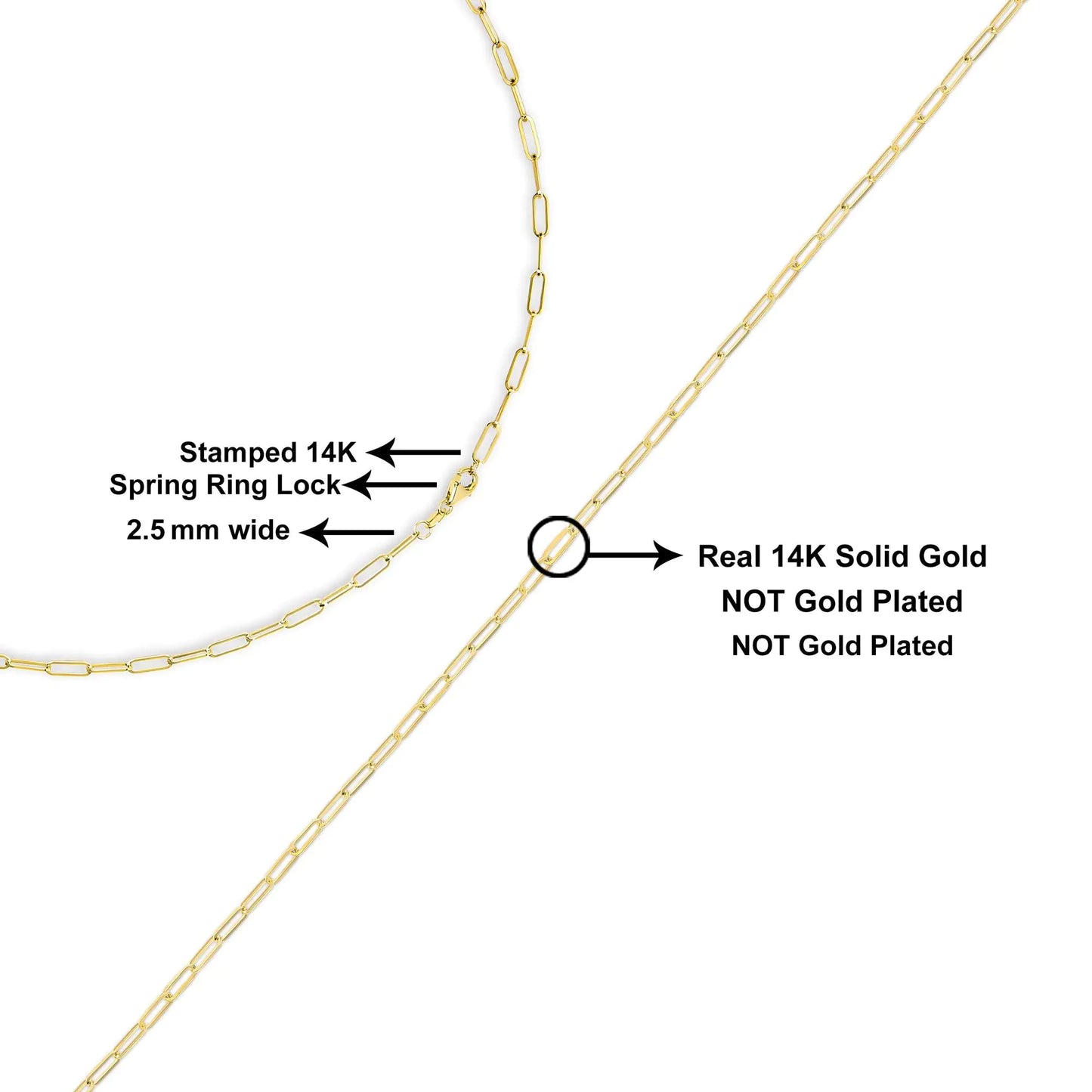 Unisex Solid 14K Gold 2.5mm Paperclip Chain Necklace - Anti Spier 