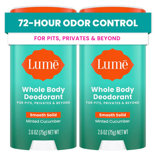 Lume Whole Body Deodorant - Smooth Solid Stick - 72 Hour Odor Control - Aluminum Free, Baking Soda Free and Skin Safe - 2.6 Ounce (Pack of 2) (Minted Cucumber) Minted Cucumber 2.6 Ounce (Pack of 2)