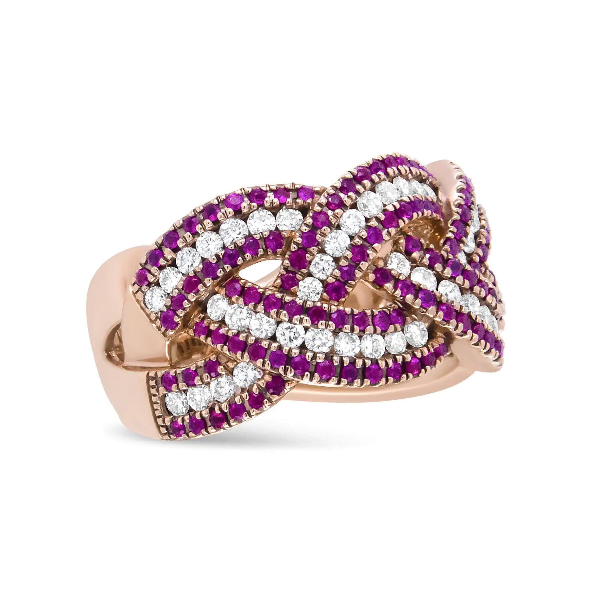 18K Rose Gold Red Ruby and 7/8 Cttw Diamond Woven Braided Band Ring (F-G Color, VS1-VS2 Clarity) - Anti Spier 