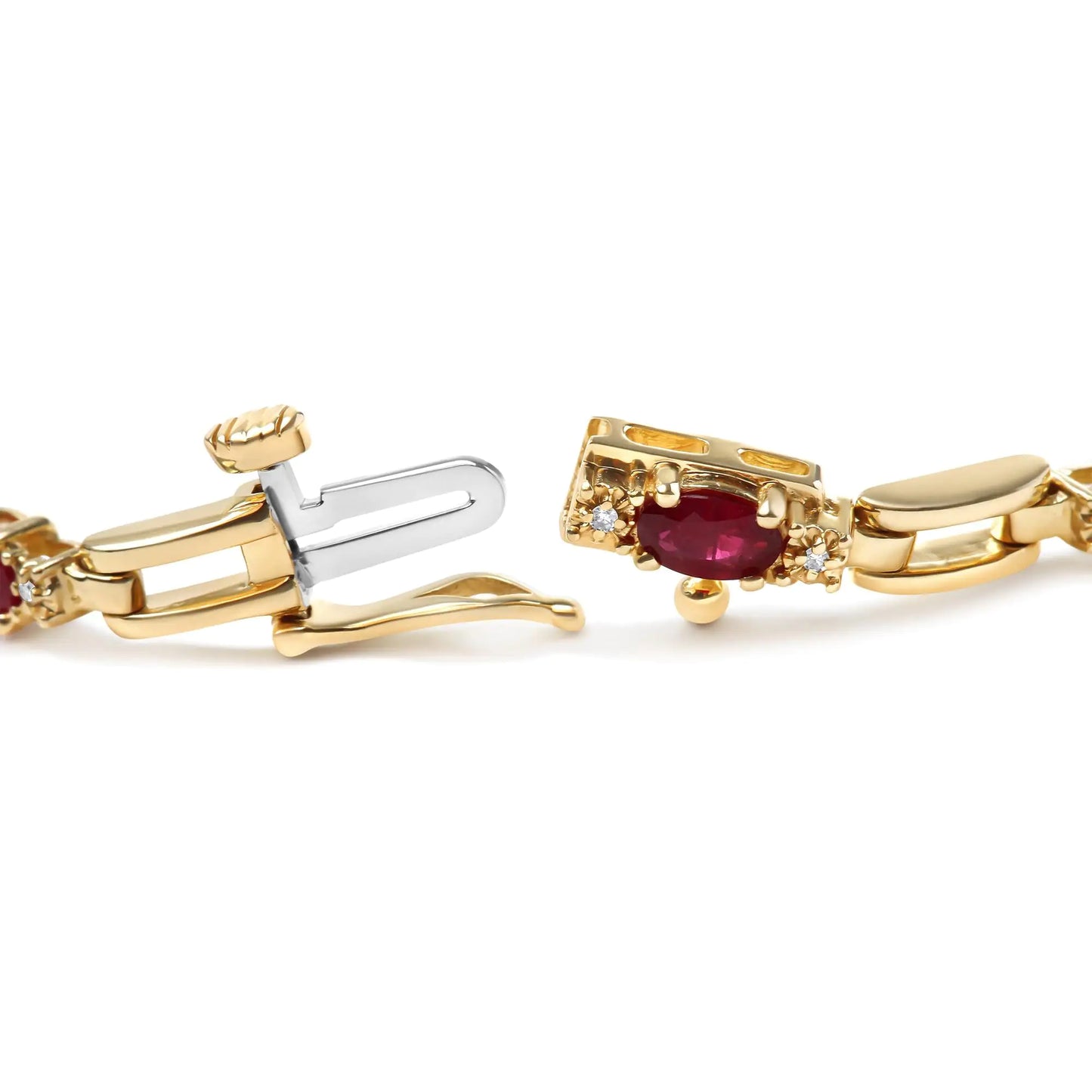 10K Yellow Gold Oval Ruby and 1/10 Cttw Diamond Bar Prong Set Bracelet (H-I Color, SI1-SI2 Clarity)  - Size 7" - Anti Spier 