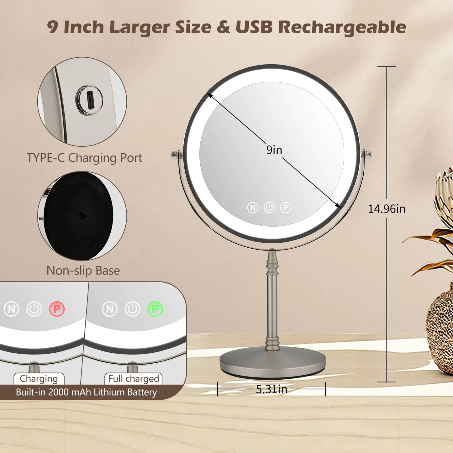 9" Large Makeup Mirror with Lights, 1X/10X Magnifying Vanity Mirror with 3 Colors Dimmable Lightning, 80 LED Lights, 360°Rotation Double Sided Standing Lighted Makeup Mirror Nickel Matte Nickel