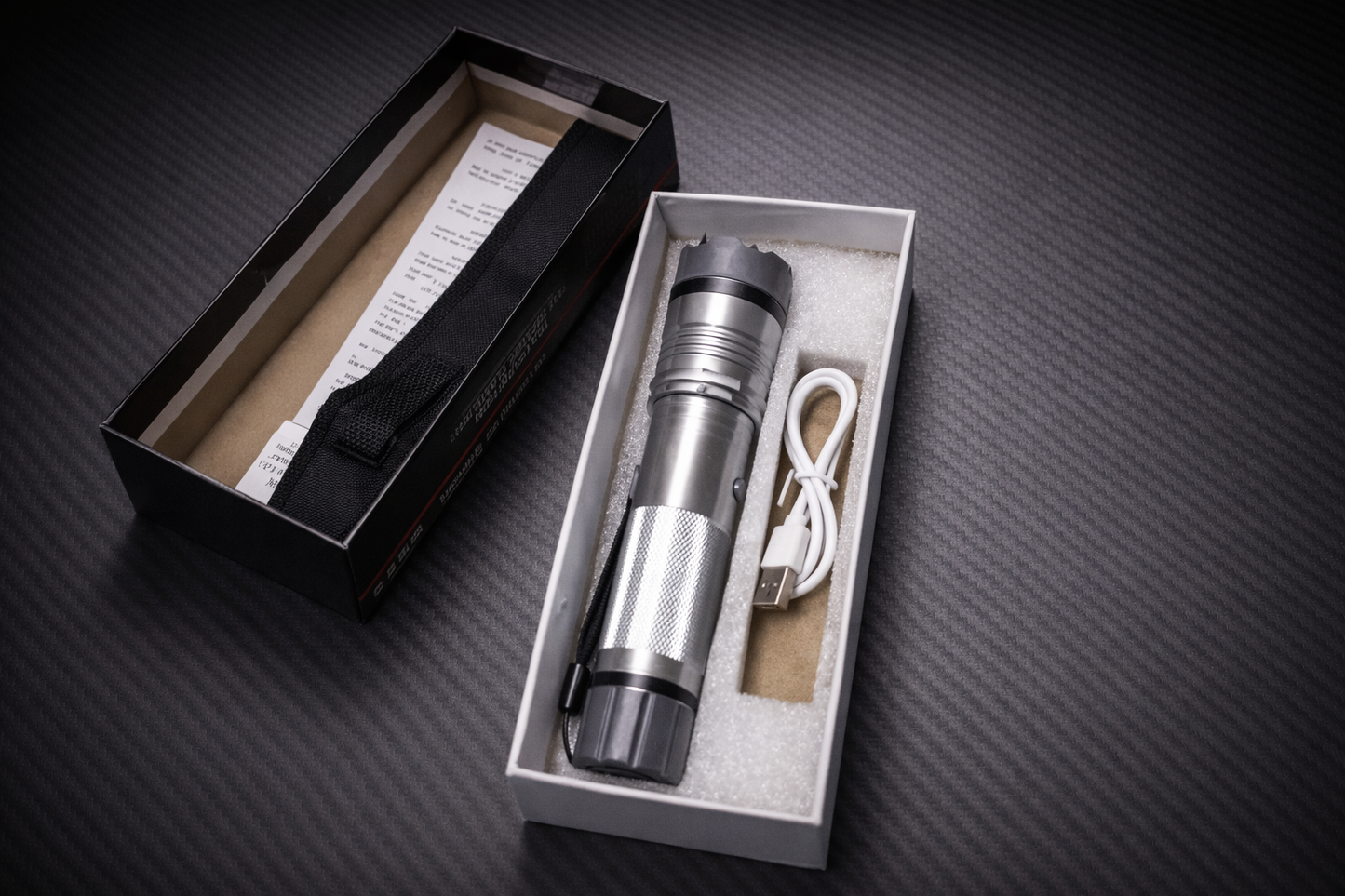 Silver Safety Flashlight Stun Shock Rechargeable Super Bright LED with Holster