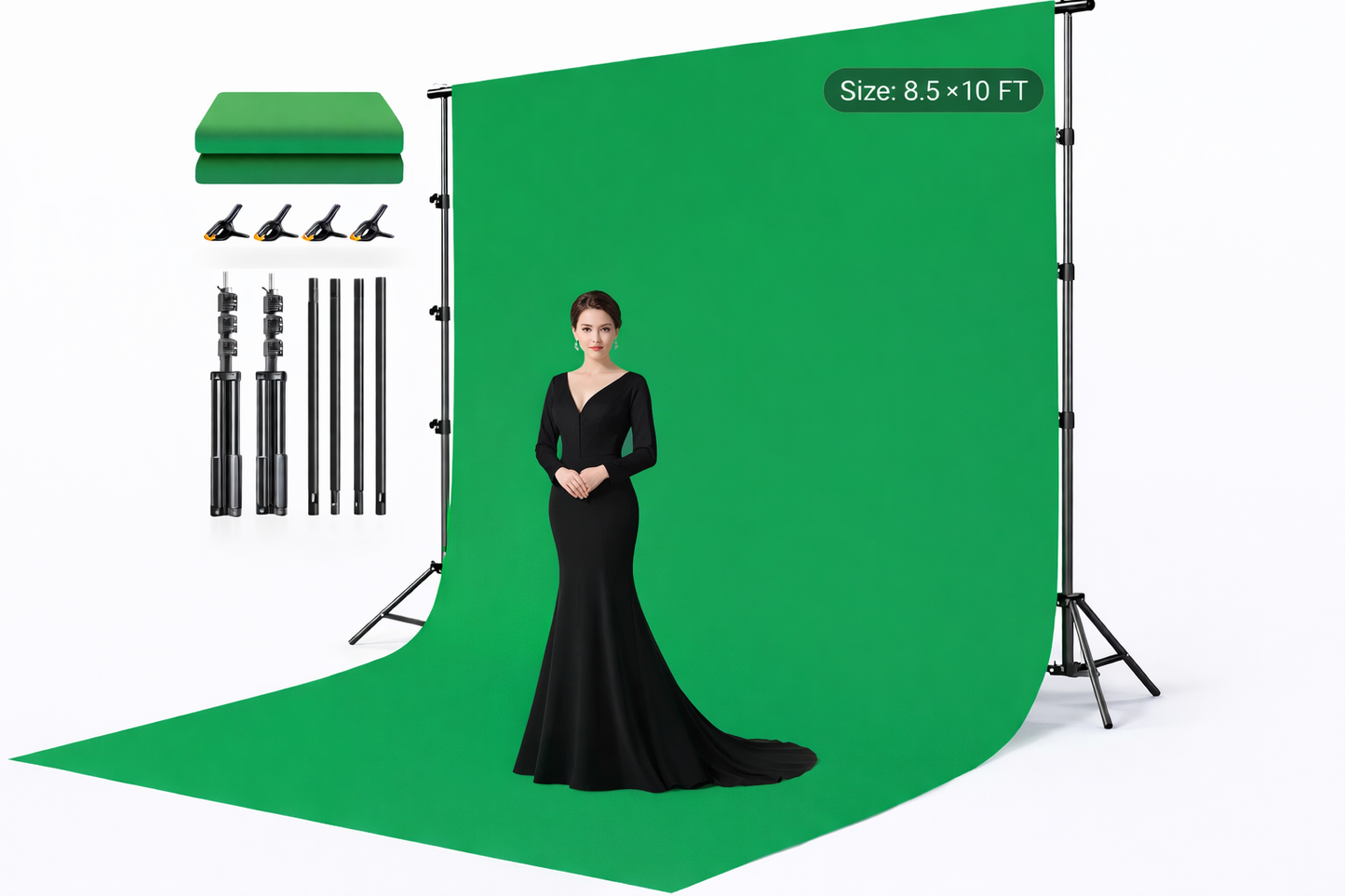 10x10ft Backdrop Green Screen with Stand Kit, 7.5 X 10ft with Carrying Bag And 4 Clamps for Photoshoot Portraits Party Video Recording