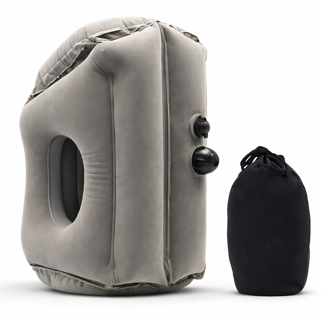 Nap Pillow - Comfortable Neck Support For Aviation, Train, Car And Office Use, Portable and Inflatable, Easy Nap Air Cushion, Soft Microfiber Cover, Gray