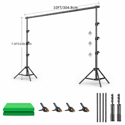 10x10ft Backdrop Green Screen with Stand Kit, 7.5 X 10ft with Carrying Bag And 4 Clamps for Photoshoot Portraits Party Video Recording