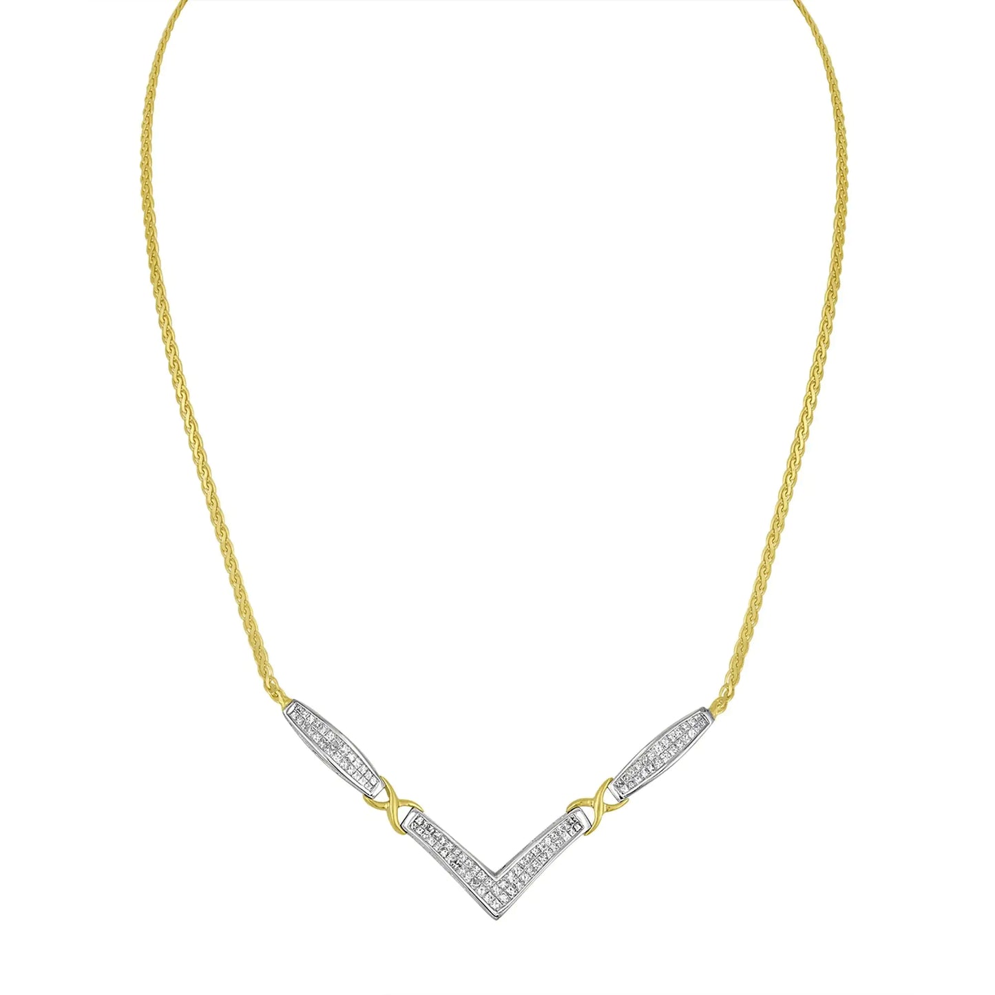 14K Yellow and White Gold 2.0 Cttw Princess Cut Diamond Flared and X-Station V Shaped 18” Franco Chain Statement Necklace (H-I Color, SI2-I1 Clarity) - Anti Spier 