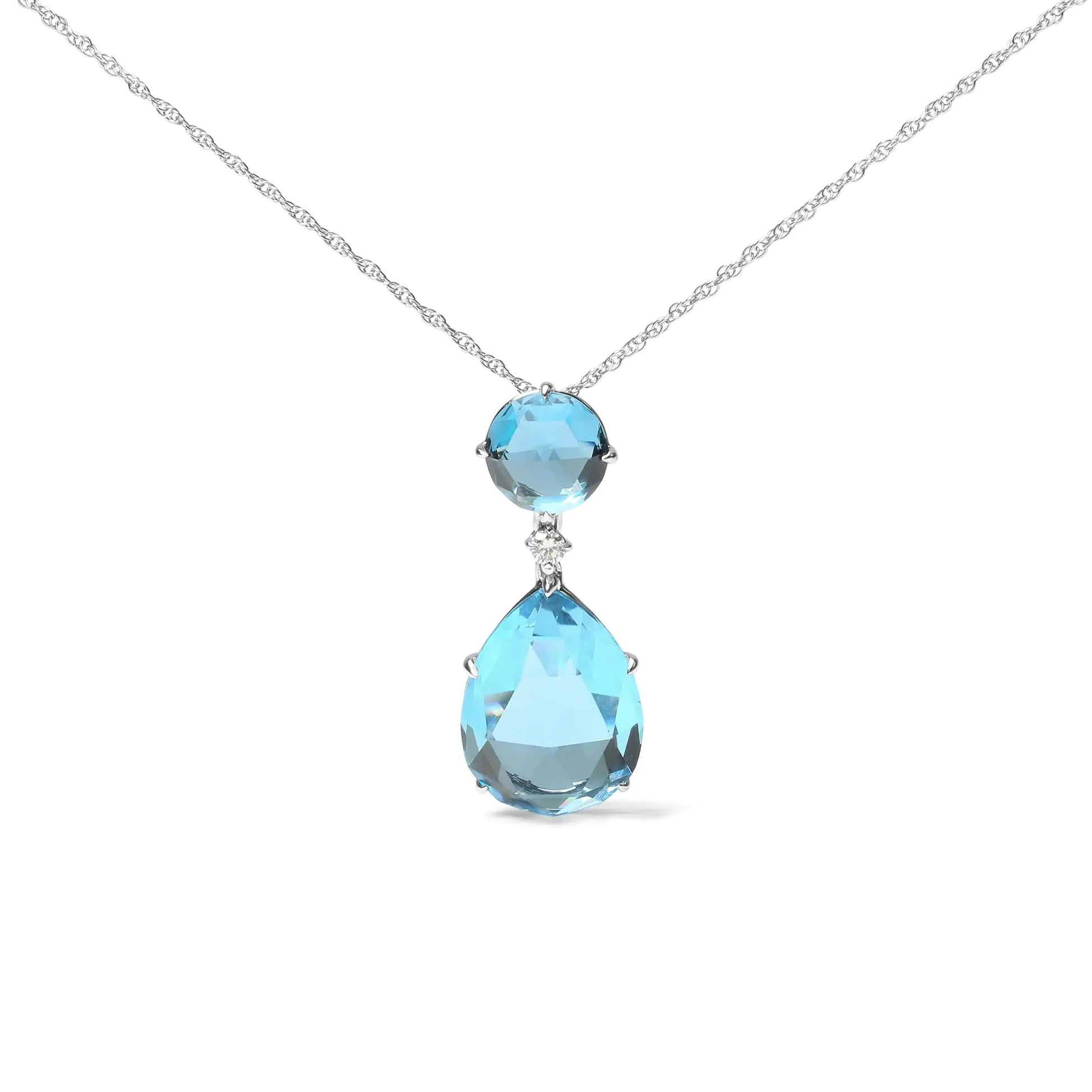 18K White Gold Diamond Accent and Round London Blue Topaz and Pear Cut Sky Blue Topaz Dangle Drop 18" Pendant Necklace (G-H Color, SI1-SI2 Clarity) - Anti Spier 