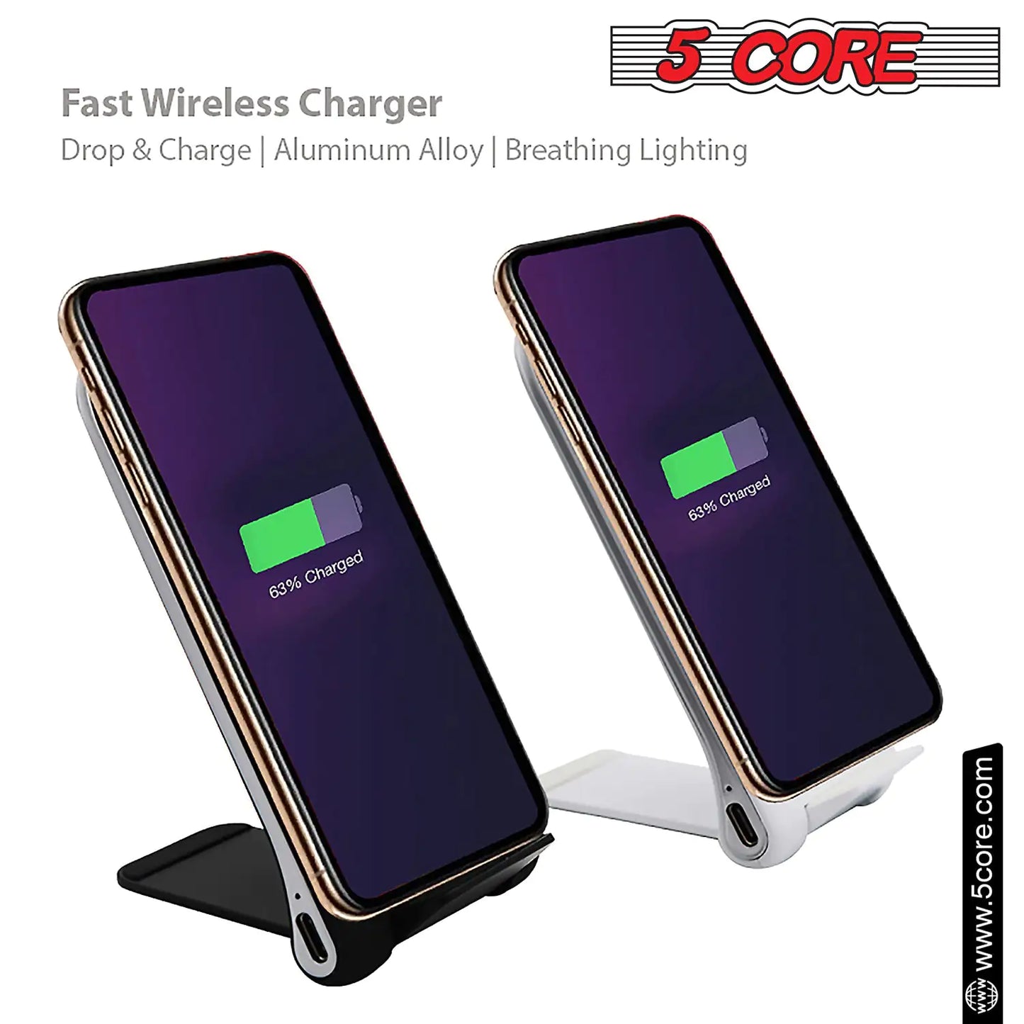 5Core Fast Wireless Charger 2Pack Qi Certified 10W Wireless Charging Stand w Sleep-Friendly Light - Anti Spier 