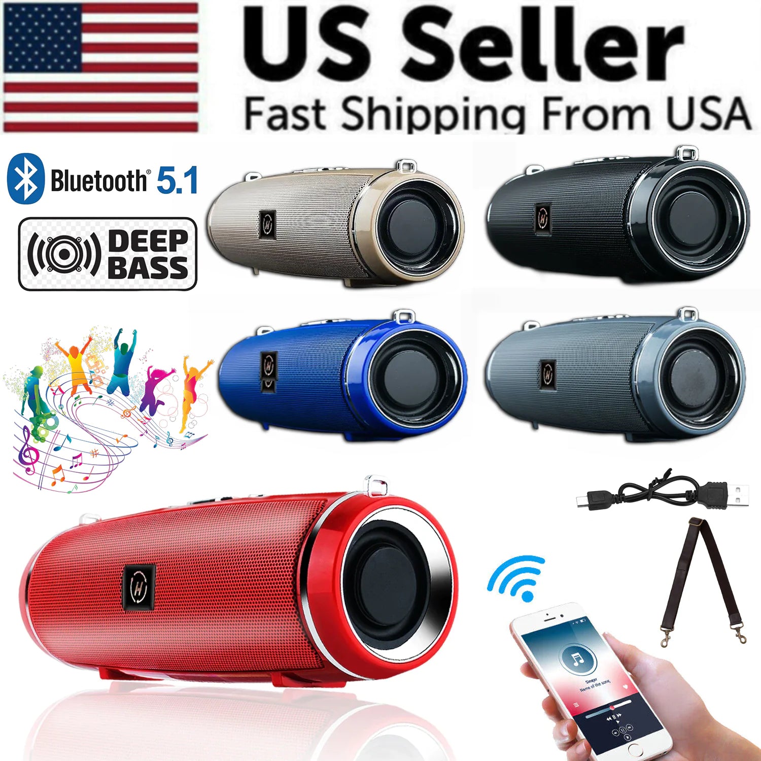 Bluetooth 5.1 Speaker Wireless Waterproof Outdoor Stereo LOUD Bass USB/TF Strap - Anti Spier 