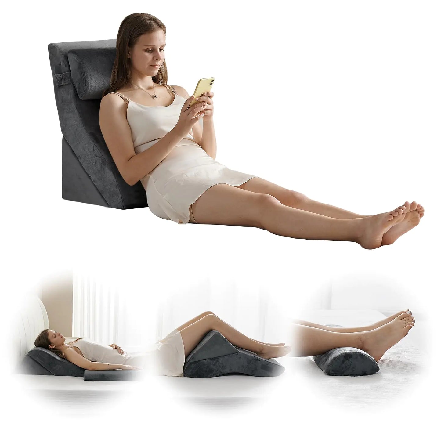 Qirroboni 3PCS Orthopedic Bed Wedge Pillow Set Adjustable Pillows for Neck Back and Leg Pain Relief Comfortable & Post Surgery Foam- Heartburn Anti Snoring Acid Reflux & GERD Sleeping Charcoal Grey
