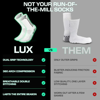 Lux Dual Grip Socks - Soccer Grip Socks for Men and Women. GripArray™ Performance & Comfort - Anti-Slip Grip Socks for Soccer Large White (2 Packs)