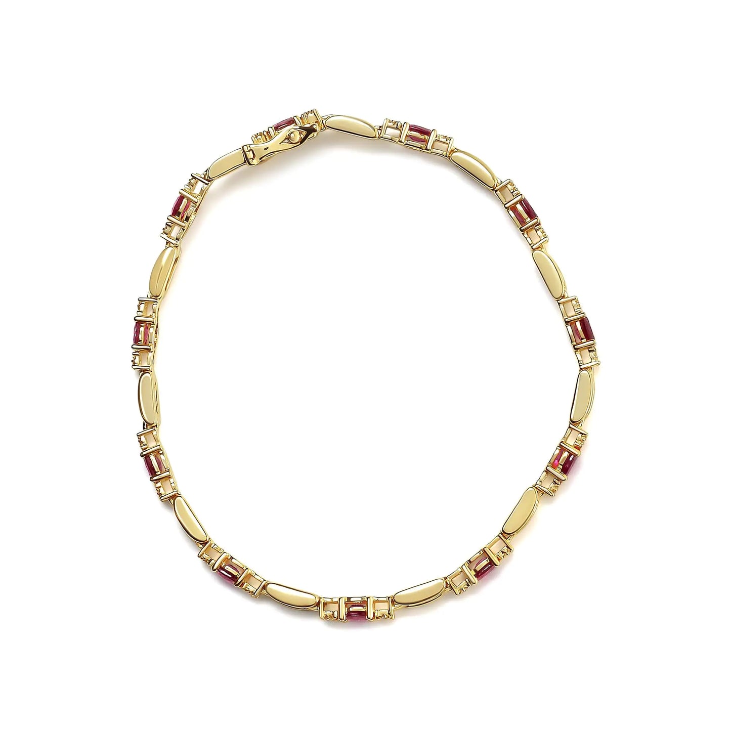 10K Yellow Gold Oval Ruby and 1/10 Cttw Diamond Bar Prong Set Bracelet (H-I Color, SI1-SI2 Clarity)  - Size 7" - Anti Spier 