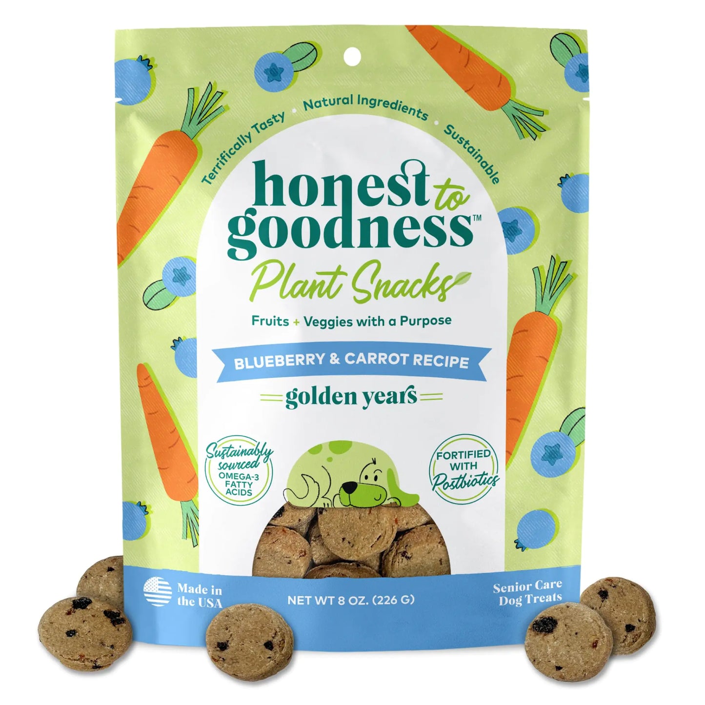 Honest to Goodness Plant Snacks Golden Years Blueberry & Carrot Recipe Dog Treats Enriched with Omega 3s & Postbiotics 8oz
