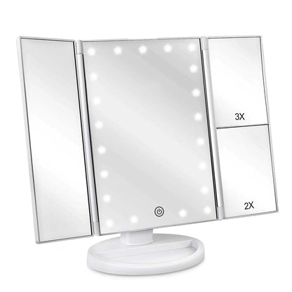 Floor Mount Tri-Fold Lighted Vanity Mirror with 21 LED Lights, Touch Screen and 3X/2X/1X Magnification, Two Power Supply Modes Make Up Mirror,Travel Mirror White