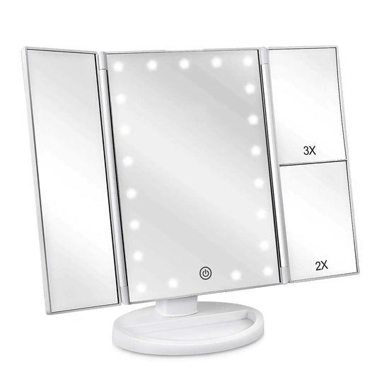 Floor Mount Tri-Fold Lighted Vanity Mirror with 21 LED Lights, Touch Screen and 3X/2X/1X Magnification, Two Power Supply Modes Make Up Mirror,Travel Mirror White