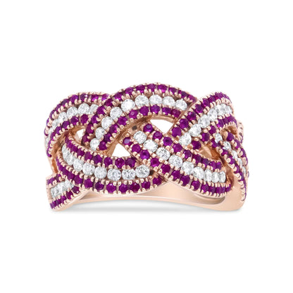 18K Rose Gold Red Ruby and 7/8 Cttw Diamond Woven Braided Band Ring (F-G Color, VS1-VS2 Clarity) - Anti Spier 