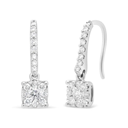 14K White 1/2 Cttw Round Diamond Halo Dangle Hook Earring - (H-I Color, SI2-I1 Clarity) - Anti Spier 