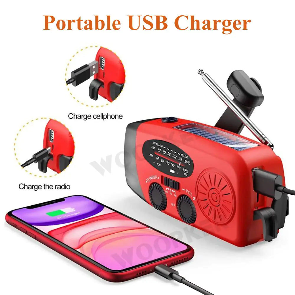 Portable emergency radio with USB charger and flashlight