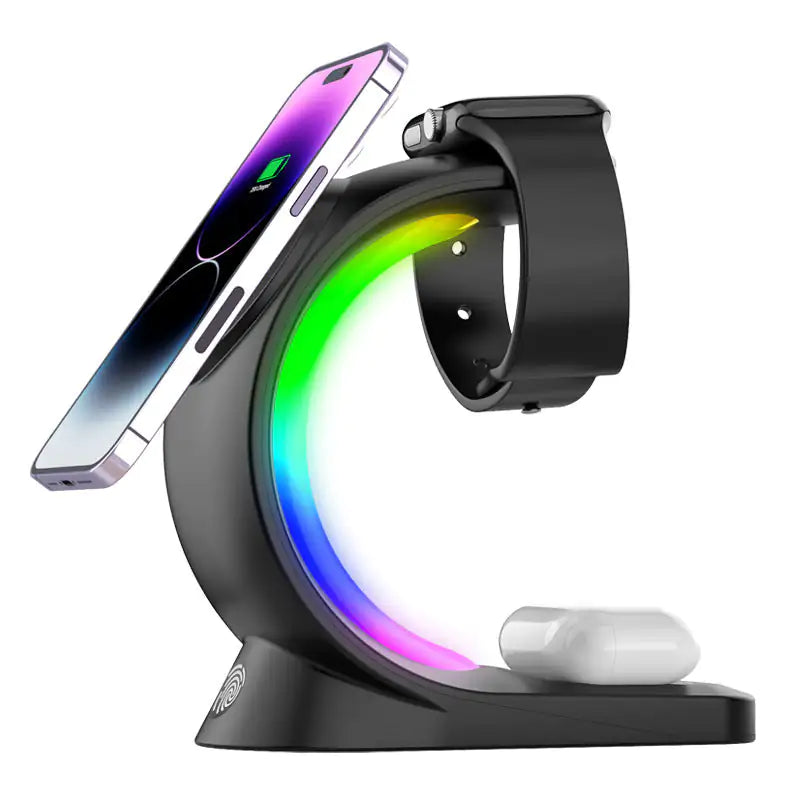 1 Magnetic Wireless Charger Fast ChargingAnti Spier Anti Spier4 In 1 Magnetic Wireless Charger Fast Charging For Smart Phone AtmosphOverview:

Magnetic charging Fast does not hurt the machine
Three in one Make your desktop cleaner
Touch design Convenient and fast
Dream RGB lamp effect Dye yo