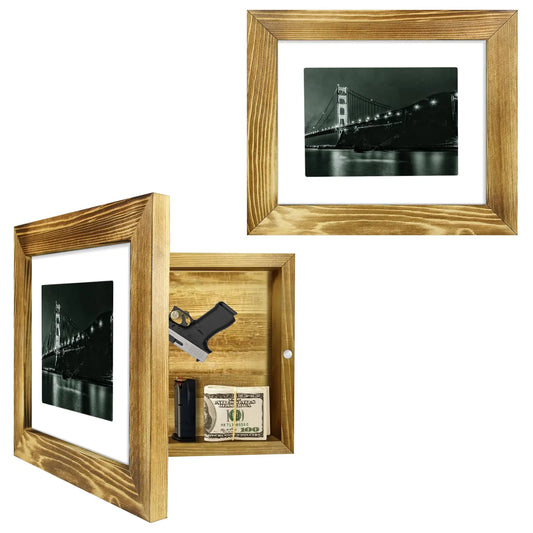 Hidden Gun Storage - Gun Safe Pistol Storage 11"x14" Matted to 8"x10" Concealment Furniture Secret Decor Solid Wooden Handgun Picture Frames Box