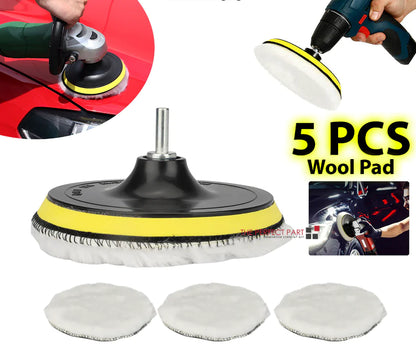 5PCS 6" Buffing Polishing Pad Wool Wheel Mop Kit For Car Polisher Drill Adapter