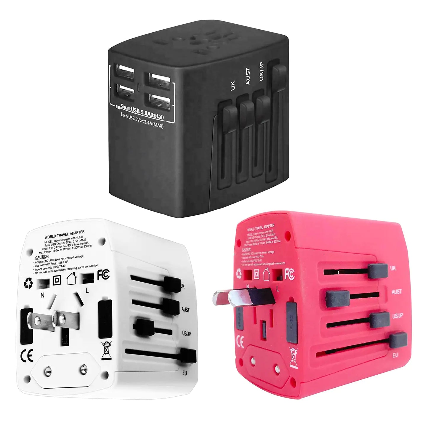 5Core Universal Travel Adapter International Power Adapters 3 Pack Multicharger Plug w 4 USB Ports - Anti Spier 